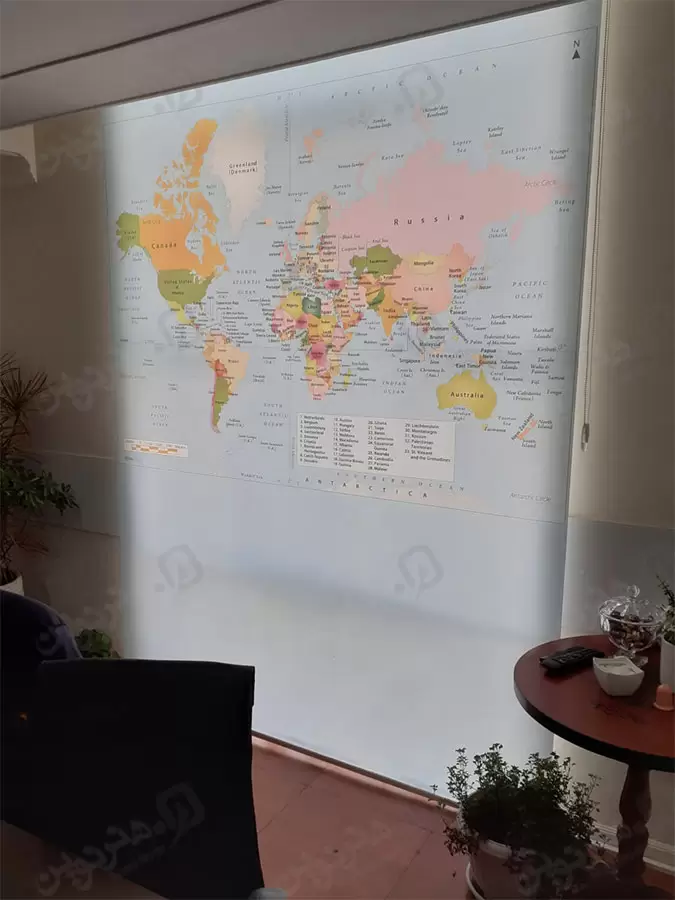 نمونه چاپ پرده شید رول با دستگاه چاپ هنر نوین طرح نقشه جهان